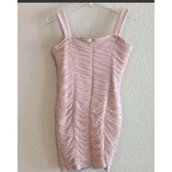 Haute Monde Ruched Polka Dot Dusty Pink Mesh Bustier Bodycon Dress Large - Picture 2 of 13